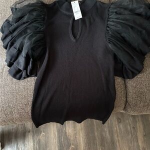 New York & Company Black Ruffled Cut Out Blouse